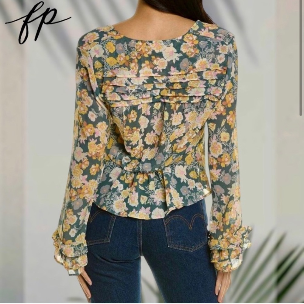 FREE PEOPLE Maybel Tie-Front Ruffled Blouse (Green/Pink) - Picture 2 of 7